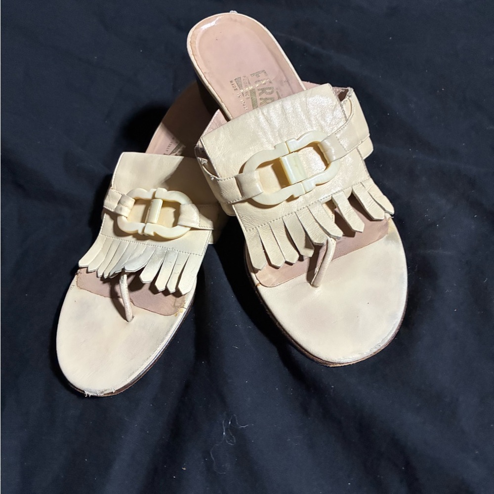 Salvatore Ferragamo Cream Fringe Mules